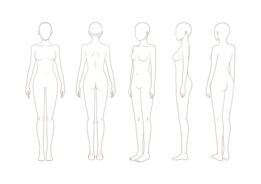 Female body rotation reference set, fashion figure template front side back views