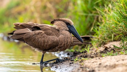 Hamerkop bird standing in shallow water near the bank.