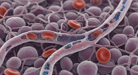Detailed microscopic view of a network of blood vessels and red blood cells flowing through capillaries in the human body