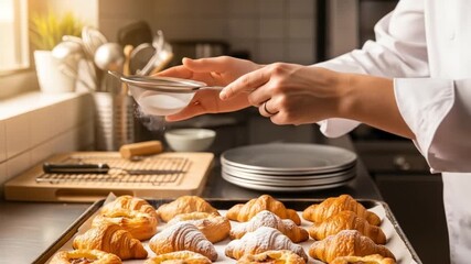 Chef dousing pastries with powdered sugar for an extra touch of sweetness