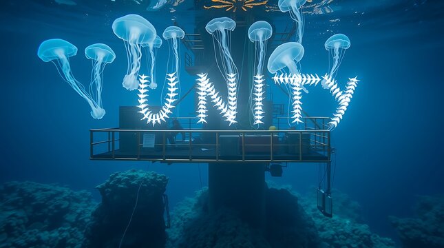 Unity spelled out in lights underwater with jellyfish swimming around a platform structure