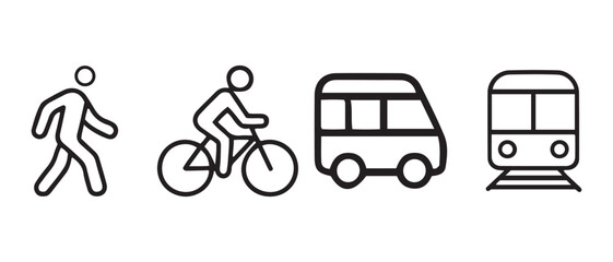 Urban transport modes, public and individual travel, line icons.