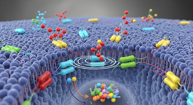 A detailed illustration of a biological cell membrane with embedded proteins, molecules, and channels demonstrating cellular processes at the microscopic level