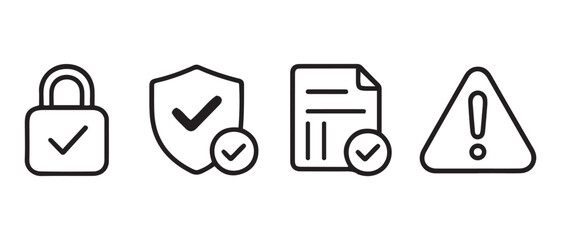 Security, data protection, document, and warning line icons set.