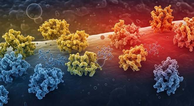Illustration of virus particles with colorful molecular structures floating in a biological environment