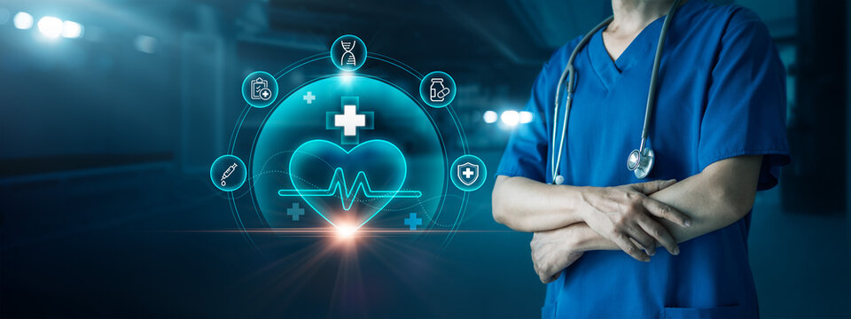 Healthcare and medical doctor in hospital Medical technology service to solve people health on medical global network connection, Medicine, Healthcare technology concept. - Powered by Adobe