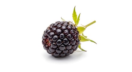 Single Ripe Blackberry with Green Leaves on White Background.