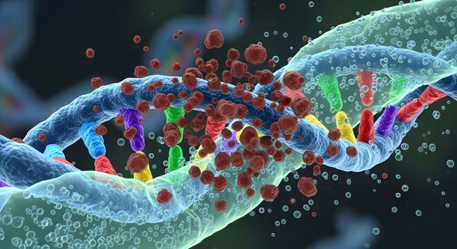 A highly detailed digital illustration of a DNA double helix structure with colorful nucleotide bases and surrounding particles, representing genetic information and molecular biology concepts