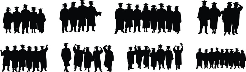 Graduation ceremony silhouettes, academic celebration, students in caps and gowns, university success, education milestone, graduate group, black silhouettes, white background, achievement, unity