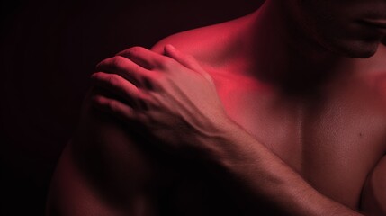 Naklejka premium Tense Shoulder with Subtle Red Tones Symbolizing Chronic Pain and Discomfort, Isolated with Copy Space for Health and Medical Concepts