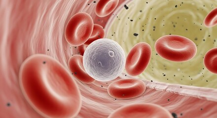 A detailed illustration of blood cells flowing through a blood vessel, showcasing the vibrant red cells and the vessel's interior structure in a medical context
