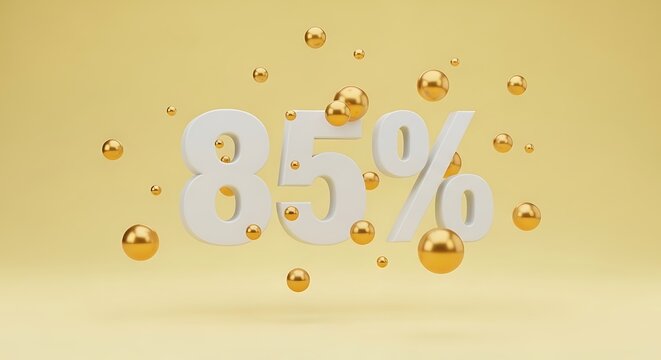 Bold white 85 text with golden spheres floating around, symbolizing a significant discount or sale promotion for retail