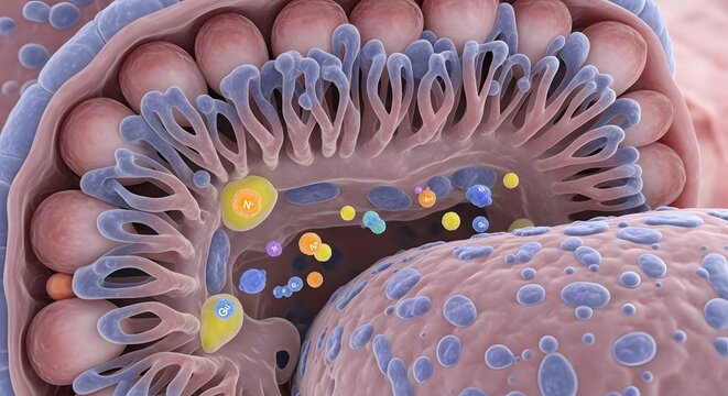 A detailed illustration of a microscopic view of a biological cell with various organelles and molecules inside, showcasing cellular structures and processes