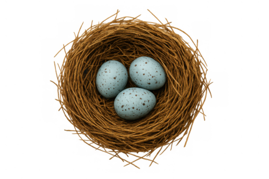 Bird's nest holding three speckled blue robin eggs representing new life, spring, hope, and family future on transparent background