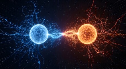 Fototapeta premium Digital illustration of two atomic particles with interconnected energy lines, representing scientific concepts in physics and atomic structure