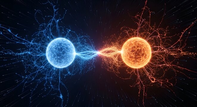 Digital illustration of two atomic particles with interconnected energy lines, representing scientific concepts in physics and atomic structure
