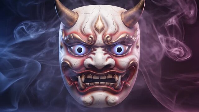 Horned demon mask w/ crackles, intense blue eyes, and swirling colored smoke
