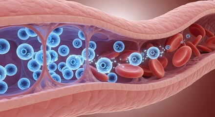 A detailed digital illustration showing blood cells flowing through a blood vessel, highlighting the process of circulation within the human body
