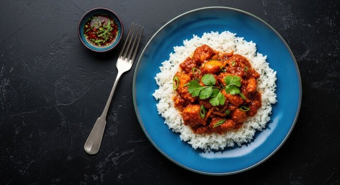 Delicious homemade chicken curry served with fluffy white rice on a blue plate