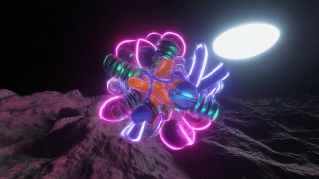 Abstract futuristic molecular machine generating vibrant energy above a desolate planetary landscape