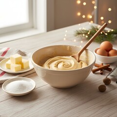 Warm Rustic Kitchen Flat Lay with Festive Baking Ingredients 