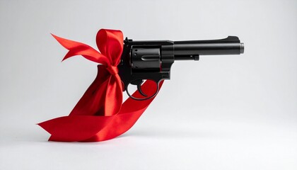Red revolver-style handgun with a decorative red ribbon bow tied around the barrel, set against a pink background, creating a provocative contrast of violence and softness.