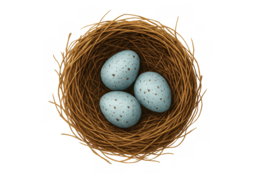 Bird's nest holding three speckled blue eggs, representing new life, spring, nature, and growth on a transparent background