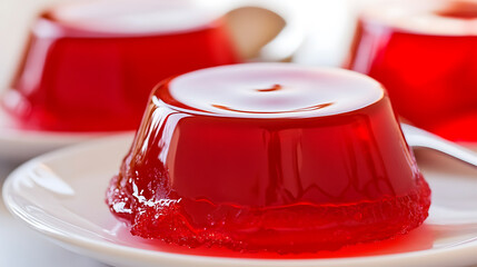 Delicious red gelatin desserts on white plates. These refreshing and wobbly treats are perfect for a light dessert. Simple, elegant, and enjoyable for any occasion.