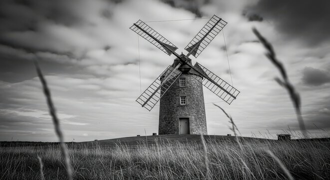 Historic stone windmill stands tall against a dramatic cloudy sky in a field of wheat - Powered by Adobe