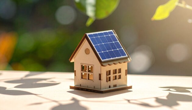Miniature house model with rooftop solar panels placed on a sunlit surface, set against a blurred green natural background, symbolizing sustainable living and renewable energy.