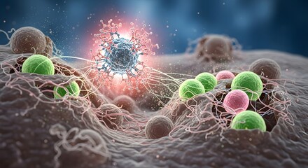 A highly detailed digital illustration showing microscopic particles and cells interacting within a biological environment, emphasizing cellular activity and molecular structures