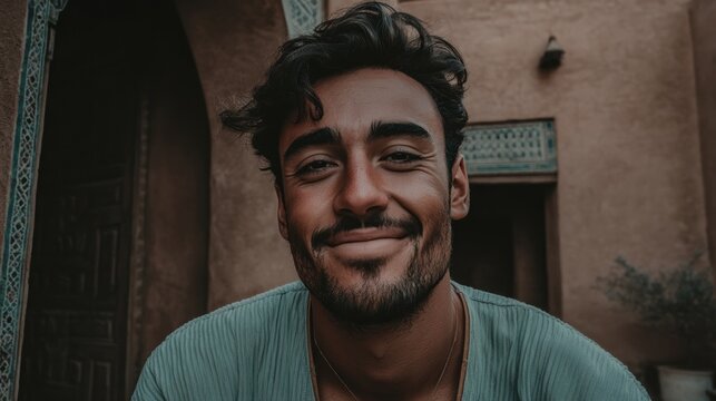 An attractive man flashes a warm smile, sitting comfortably in a serene courtyard with earthy tones around him. He radiates joy as he enjoys this tranquil moment