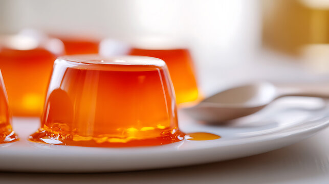 Brightly lit, orange-flavored gelatin desserts on a clean, white plate evoke a sense of light refreshment. The translucent texture and gentle wobble promise a delightful treat.