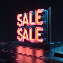 Eye catching sale sign illuminated with neon lights on display shelf