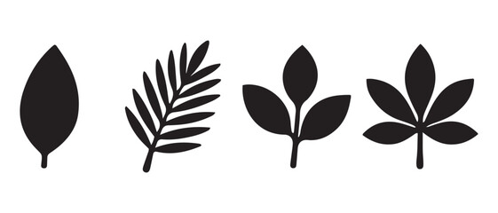 Leaf Silhouette Icon Set. Diverse Botanical Shapes Including Oval, Palm, Trifoliate, and Palmate Designs for Nature and Educational Graphics.