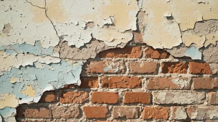 Distressed Brick Wall with Flaking Paint in Natural Sunlight Showing Wear and Tear Textures of Aged Construction Material for Background - Powered by Adobe
