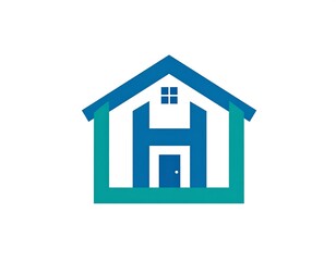 Obraz premium A simple illustration of a home incorporating the letter H. Blue and teal hues contrast against a white backdrop