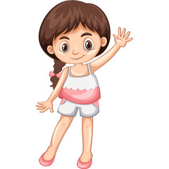Illustration Of A Smiling Young Girl With Brown Hair In A White And Pink Top And White Shorts Waving Hello