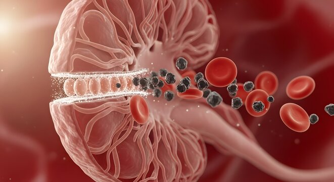 A detailed digital illustration of a biological process involving cells, molecules, and microscopic structures within a human body system