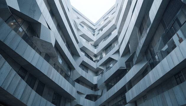 Modern architecture shows a building's unique geometric design, creating an abstract architectural pattern from a low angle for creative urban backgrounds