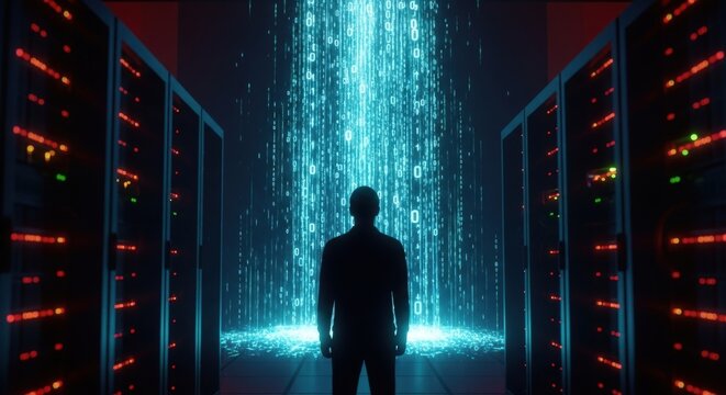 Silhouette of a person standing in a futuristic data center with a bright blue energy stream flowing upwards