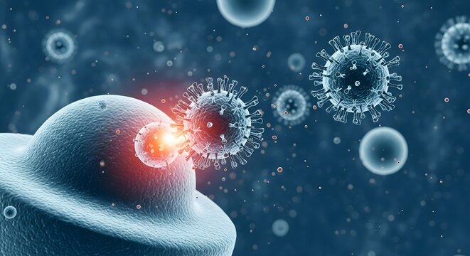A detailed digital illustration depicting the interaction between a human cell and virus particles in a scientific environment