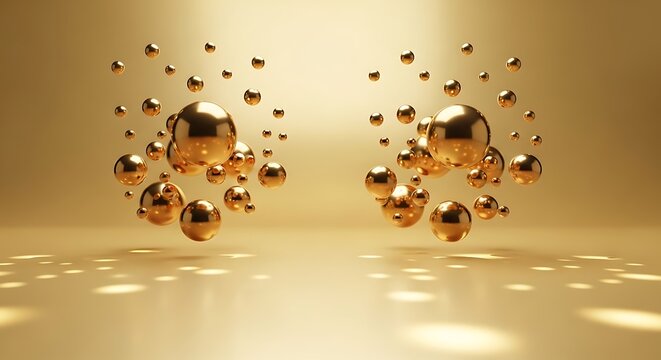 Two clusters of golden spheres floating in a warm, bright studio environment with soft light reflections on the glossy floor