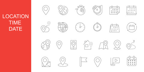 Time icons, clock outline, calendar vector, date reminder, location pin, alarm, stopwatch, schedule symbol, world map, editable stroke, planning design