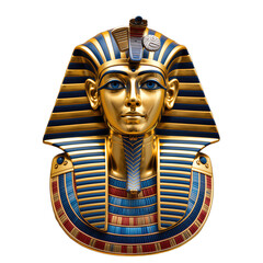 Golden Egyptian Pharaoh Mask with Blue Stripes and Detailed Jewelry