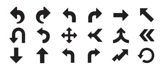 Directional Arrow Icon Set. 18 Black Silhouettes for Navigation, Movement, and UI Design in Straight, Curved, and Angular Styles.