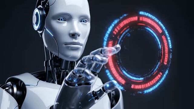 Female humanoid robot touching a holographic circular display
