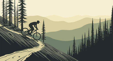 Naklejka premium Silhouette mountain biker riding fast downhill on a forest trail with layered background mountains
