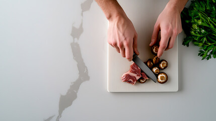 Culinary delight: Meat and mushrooms are expertly prepped on a pristine cutting board, enhanced by a garnish of fresh parsley in a well-lit kitchen. A chef's touch!