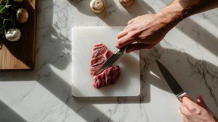 Slicing Fresh Meat: Hands skillfully cutting meat on a white board, with mushrooms and greenery nearby on a bright marble surface. Culinary preparation in progress.